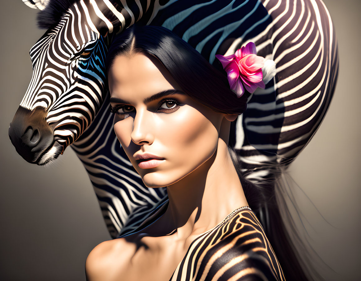 Striking makeup woman with flower in hair next to zebra in blended image