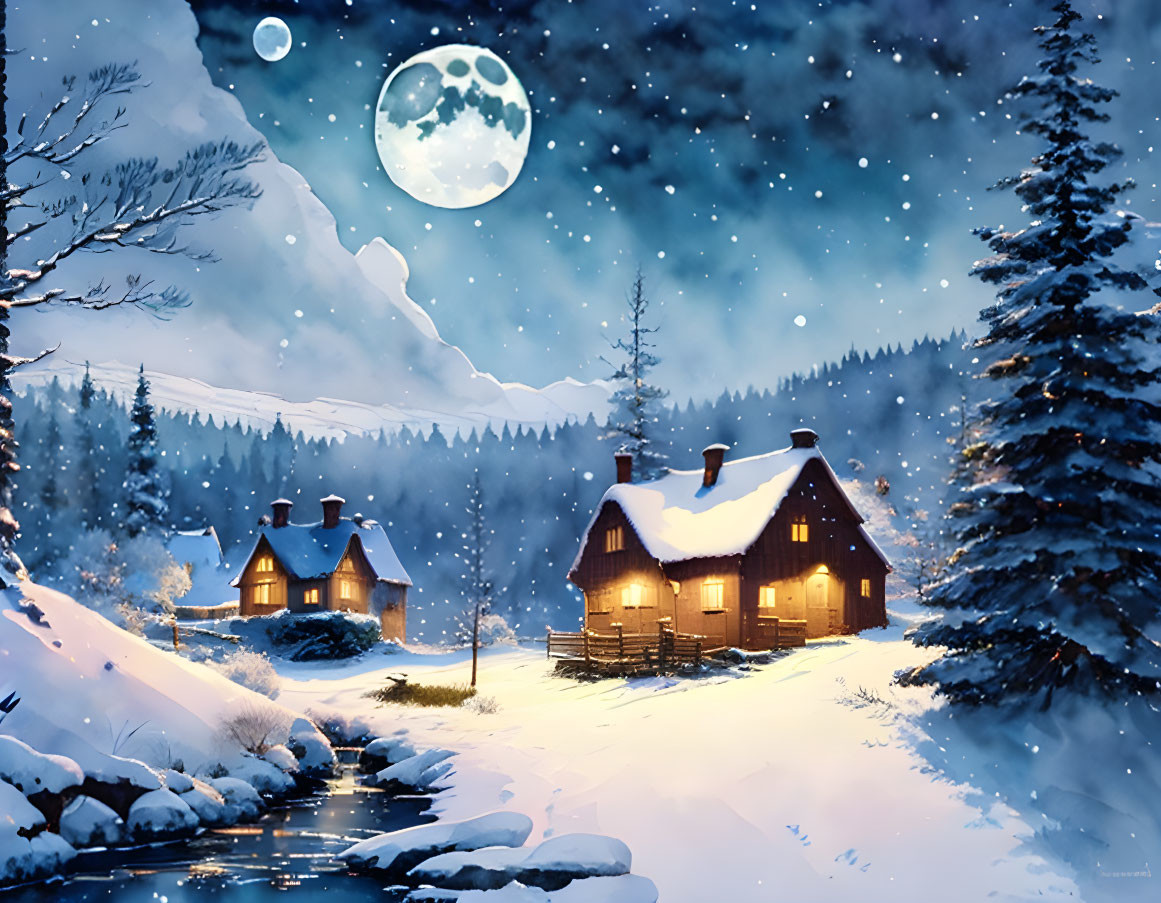 Snowy Winter Night: Illuminated Cottages, Full Moon, Snowfall