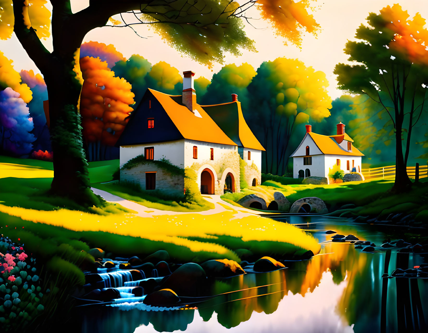 Colorful Rural Landscape Illustration with River and Houses