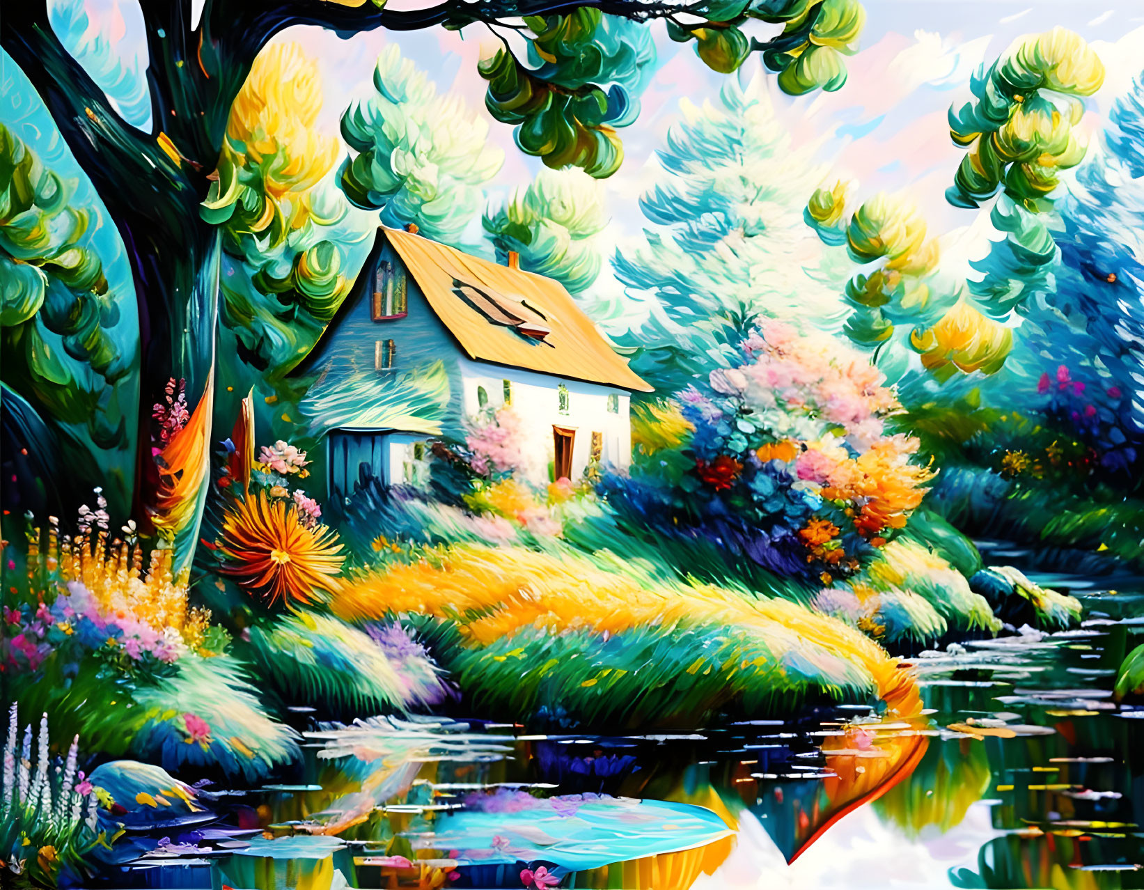 Colorful painting: Quaint house, lush trees, garden pond