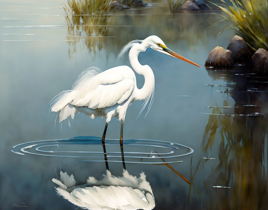 Great Egret Standing in Tranquil Water with Reflection, Reeds, and Rocks