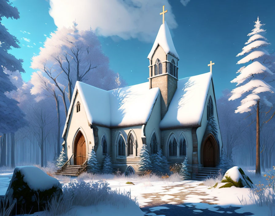 Snowy landscape with quaint church and bell tower in serene setting