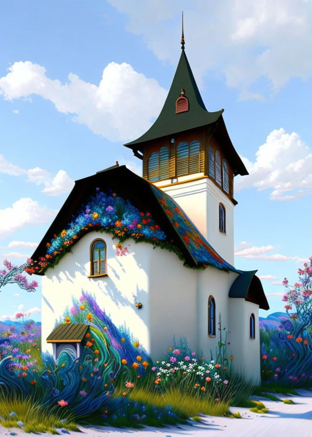 Colorful cottage illustration with tall tower and vibrant flowers