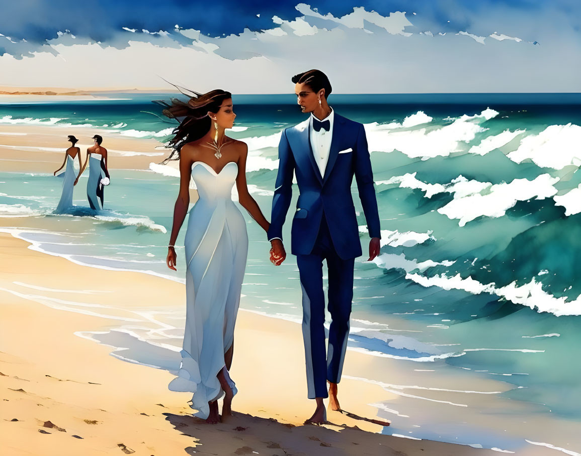 Formal Attired Couple Walking on Beach with Crashing Waves