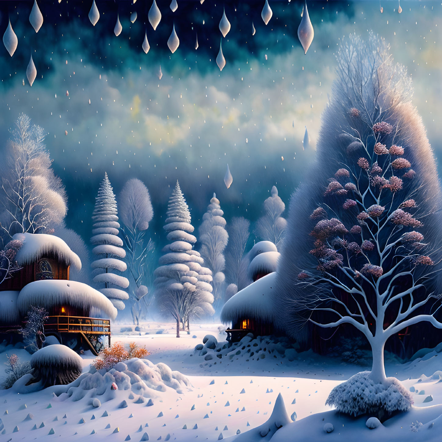 Snow-covered cottages and trees in serene winter night with falling snowflakes and aurora borealis