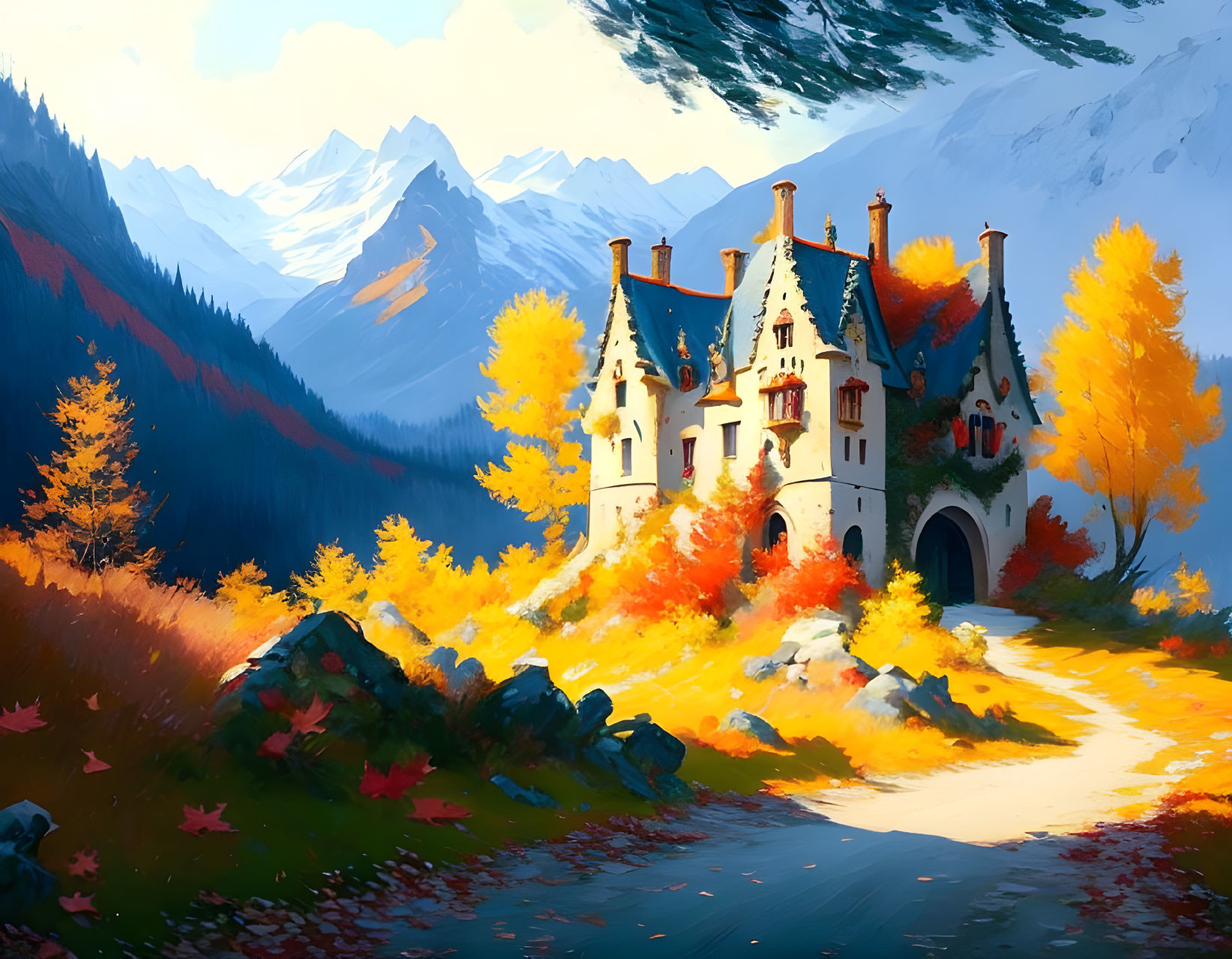 Fantasy castle surrounded by autumn trees and mountains