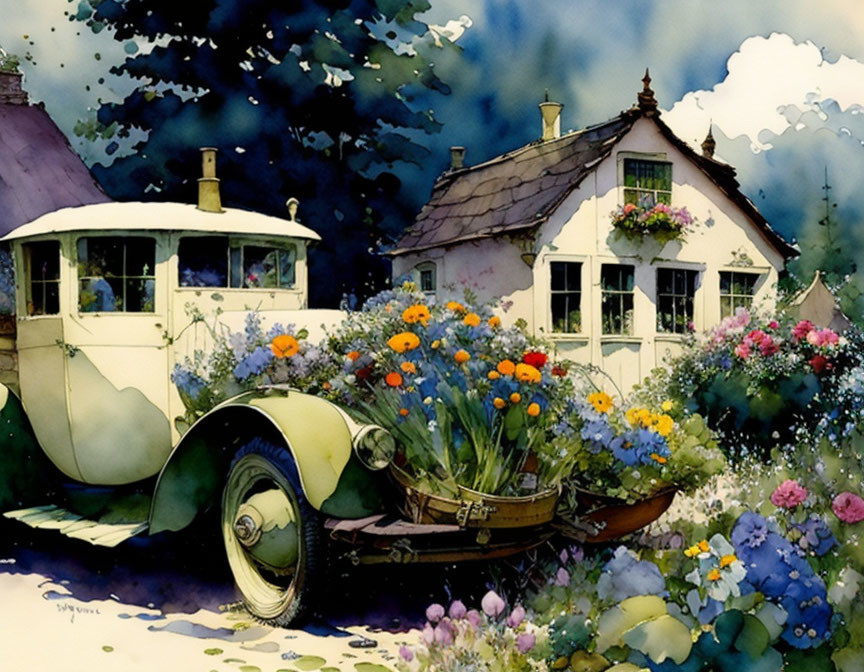 Vintage car covered in flowers outside cottage with lush gardens