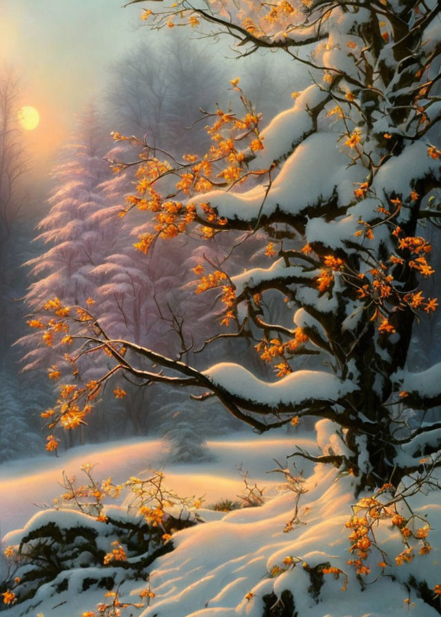 Winter sunset scene: snow-covered landscape, snow-laden trees, orange-tinged leaves, soft