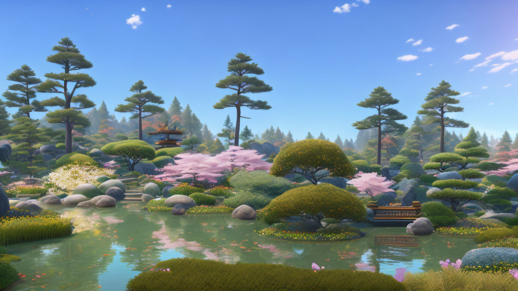 Tranquil digital artwork of lush Japanese garden