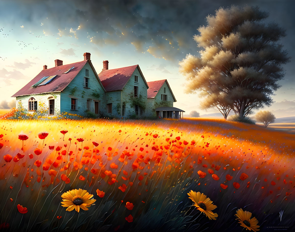 Countryside house in vibrant poppy field under warm sunlight