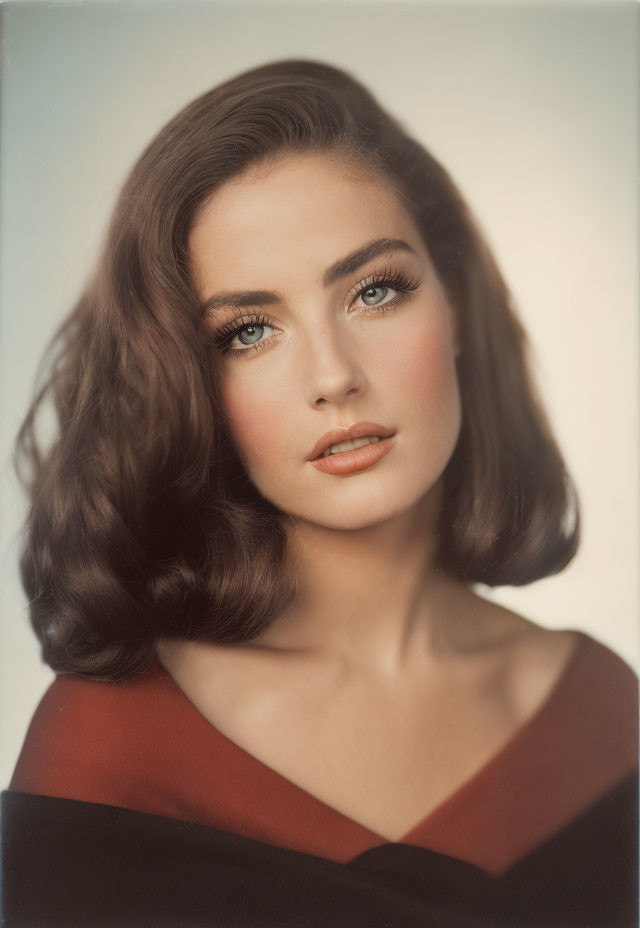 Portrait of woman with voluminous brown hair and blue eyes in black and red top