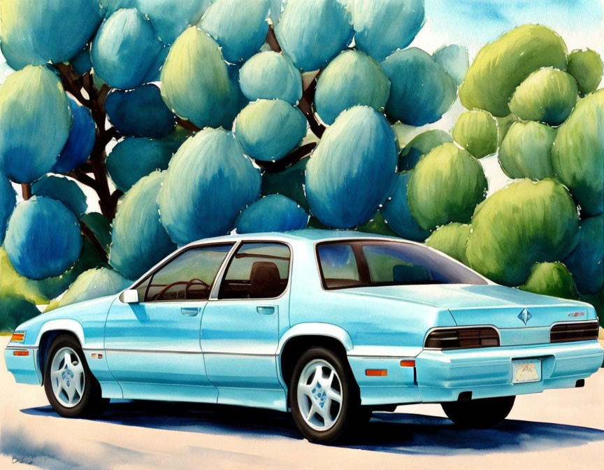 Vintage light blue car parked in front of stylized teal trees under clear sky