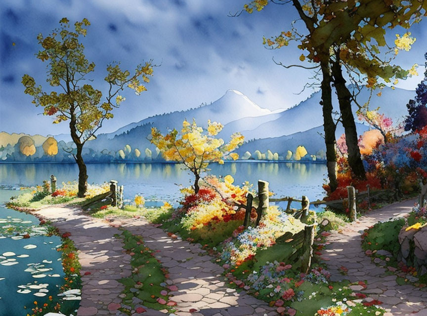 Tranquil landscape with winding path, lake, flowers, autumn trees, mountains, and blue sky