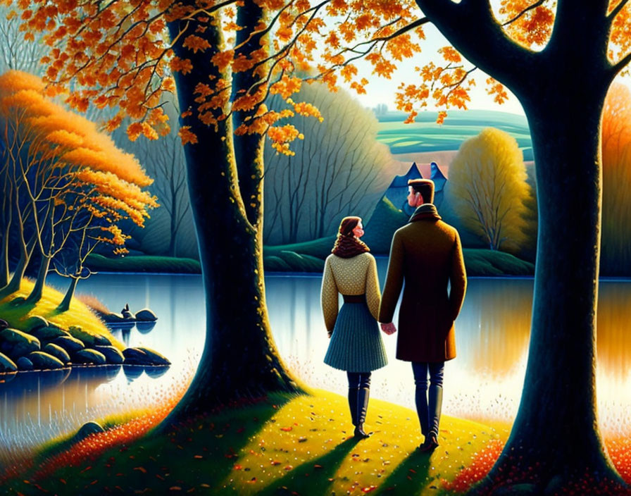 Couple Holding Hands by Autumn Lake and Trees