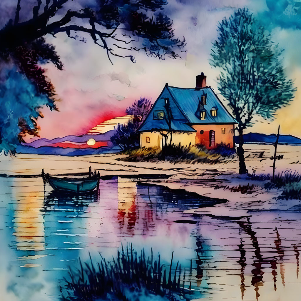 Vibrant sunset painting with boat, house, and trees