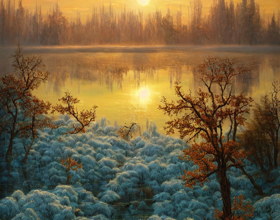 Misty forest sunrise with frost-covered shrubs reflected in lake