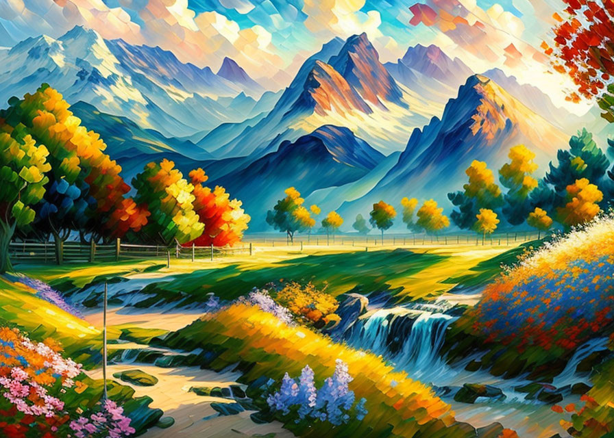 Colorful Cascade Landscape Painting with Trees, Greenery, and Mountains