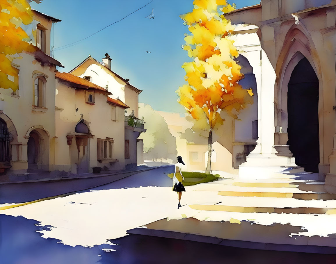 Woman walking down sunlit street with classical buildings and autumn trees.