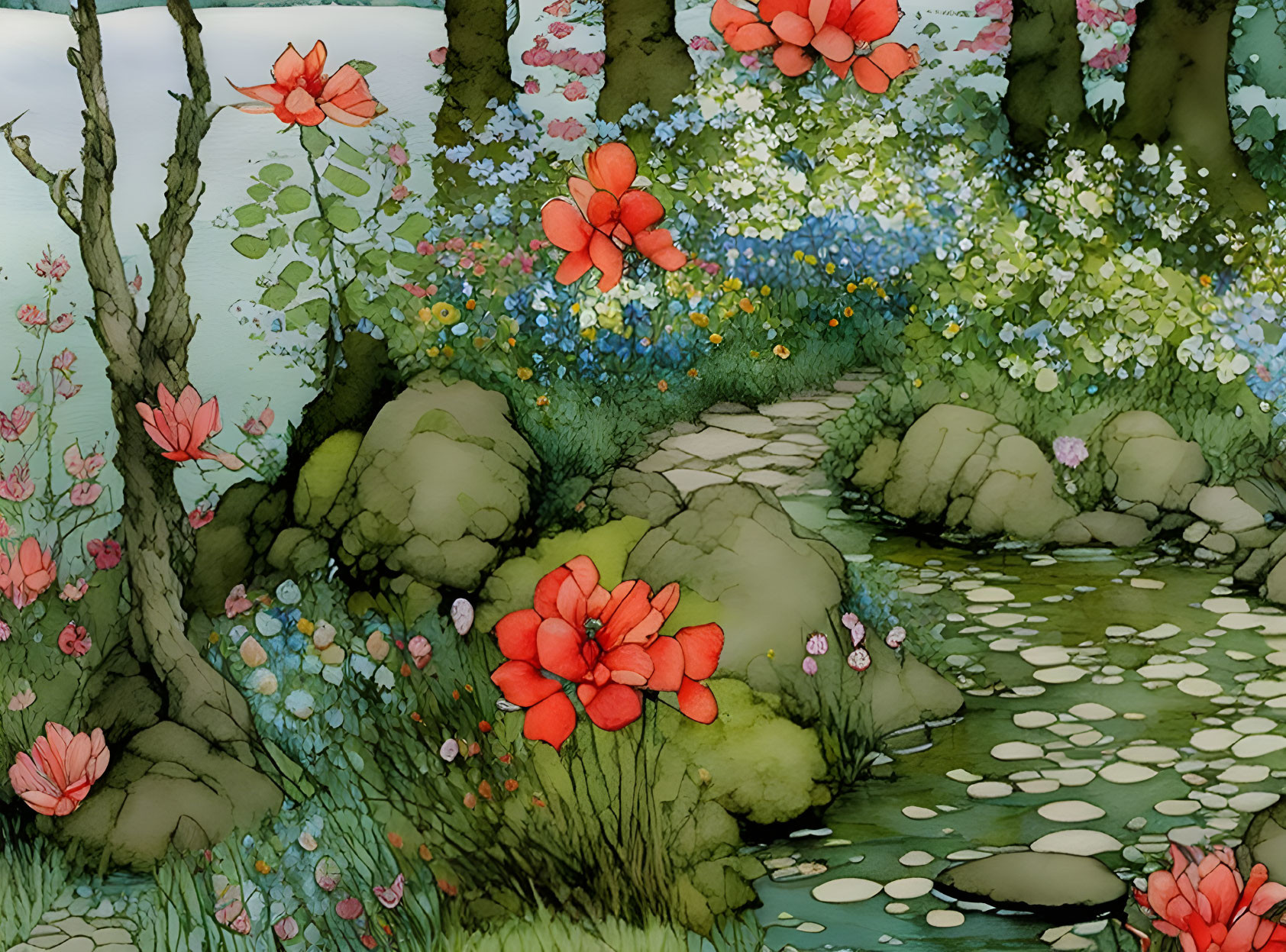 Tranquil watercolor of lush garden path with red flowers and babbling brook