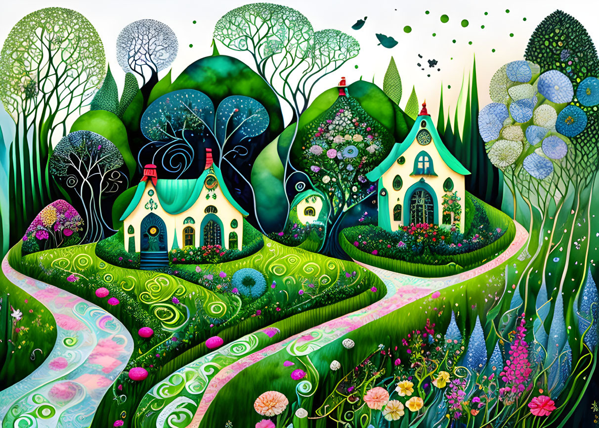 Colorful Whimsical Landscape with Houses and Trees