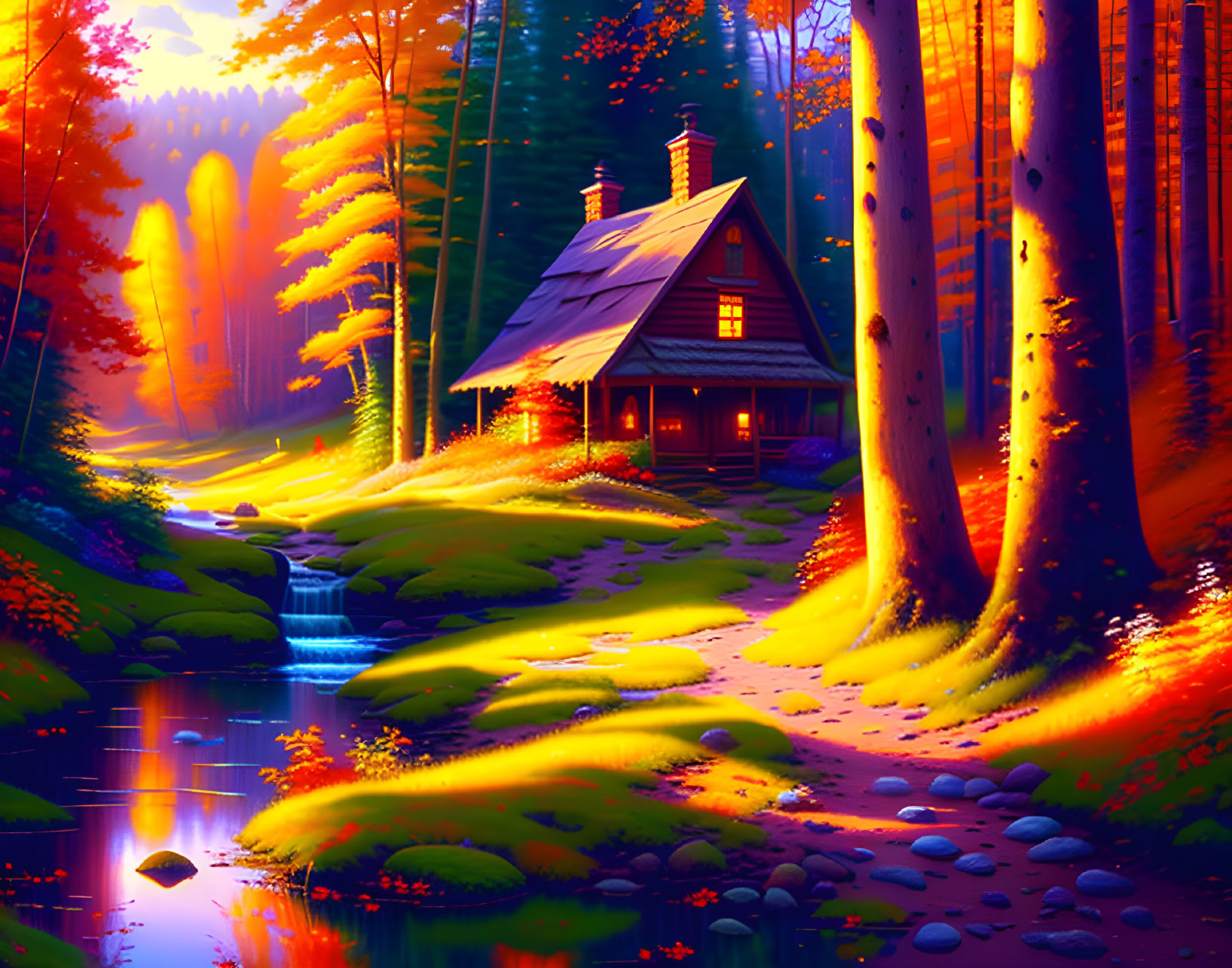 Autumnal forest cottage by stream in warm sunlight