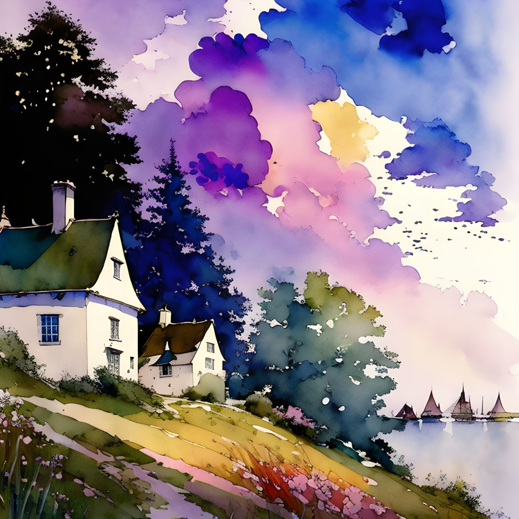 Quaint house by river with sailboats in watercolor