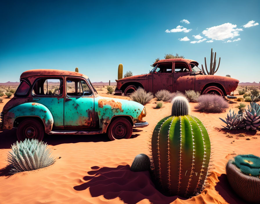 Abandoned vintage cars in desert with cacti under blue sky