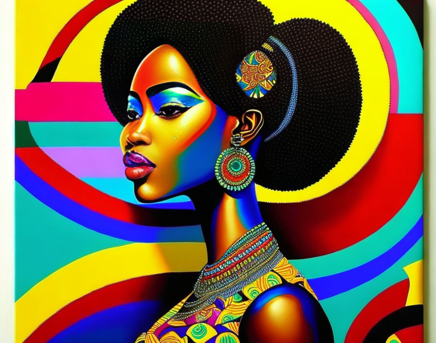 Colorful portrait of a woman with stylized makeup and hair against vibrant backdrop