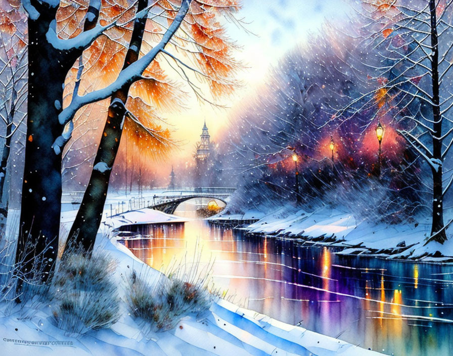 Snow-covered trees, river, bridge, and soft lights in winter scene