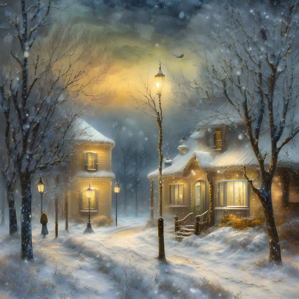 Snowy Evening Scene: Two Houses, Person Walking, Street Lamps, Falling Snow