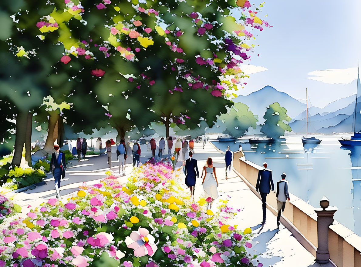 Tranquil lakeside view with flowers, boats, and mountains