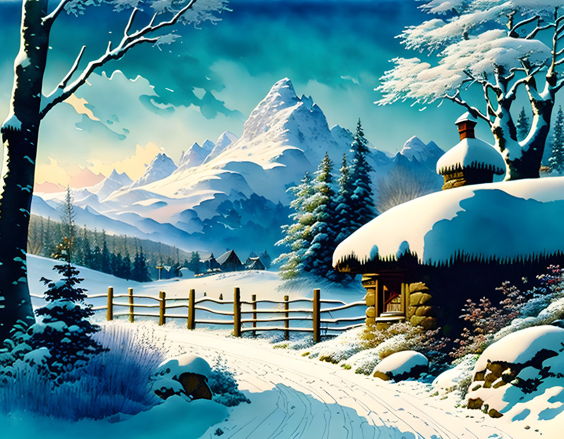 Snow-covered trees, cottage, fence, mountains in twilight winter landscape