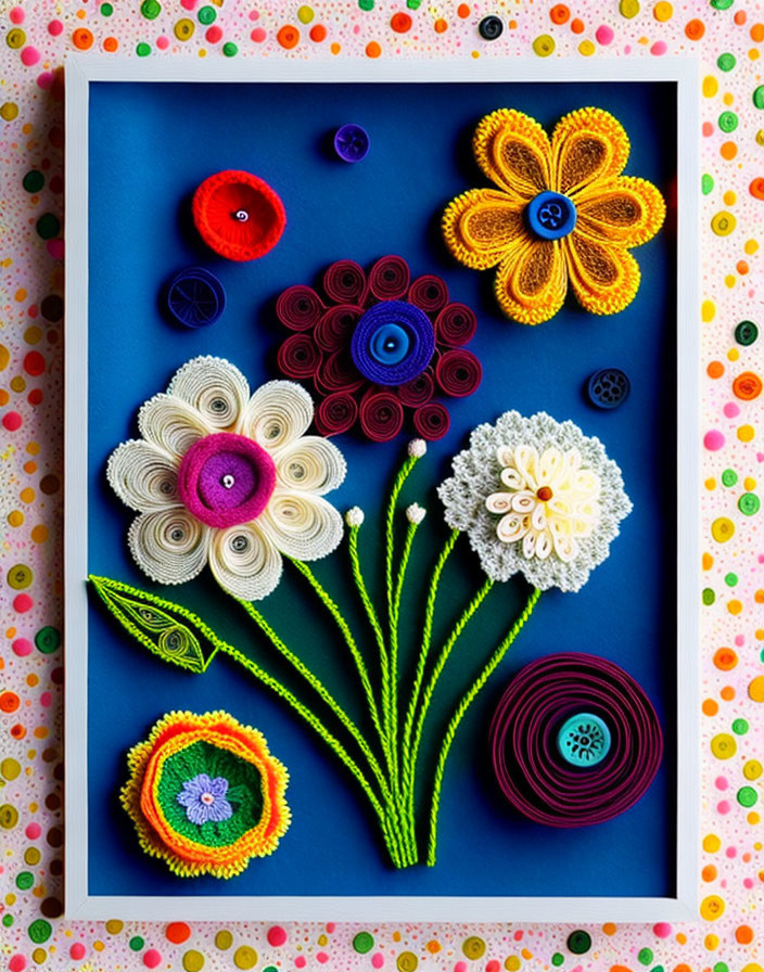 Colorful Quilled Paper Art: Vibrant Flowers on Blue Background