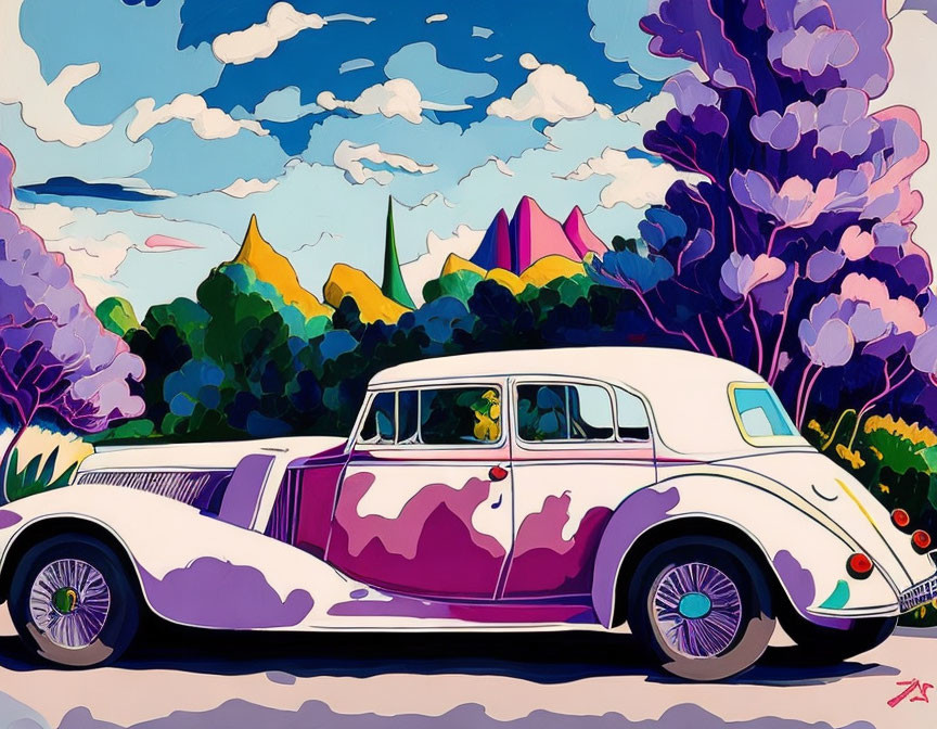 Colorful stylized artwork of white car with purple highlights in nature