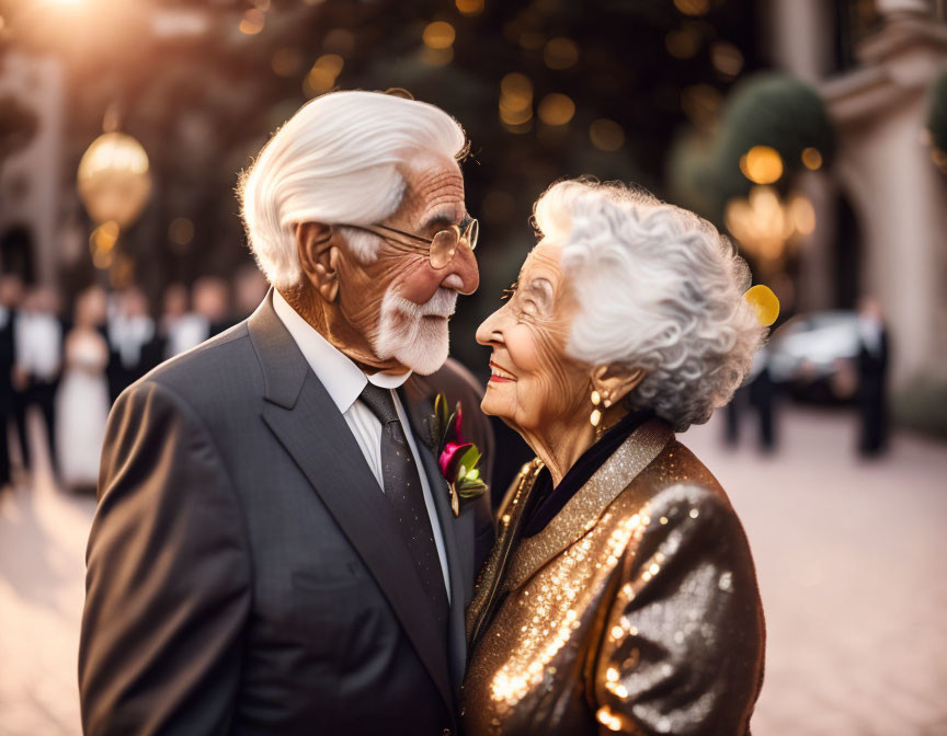 Elderly couple in elegant attire sharing a tender smile