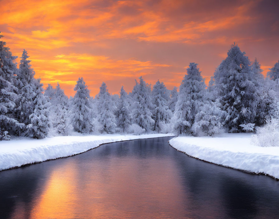 Snow-covered trees and river in serene winter sunset scene