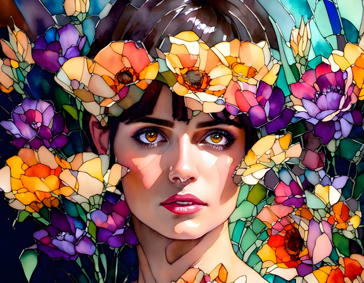 Colorful digital portrait of a woman with floral headpiece and stained-glass effect