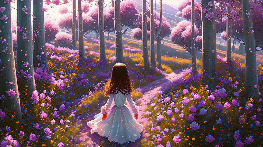 Girl in white dress surrounded by pink trees and purple flowers in magical forest