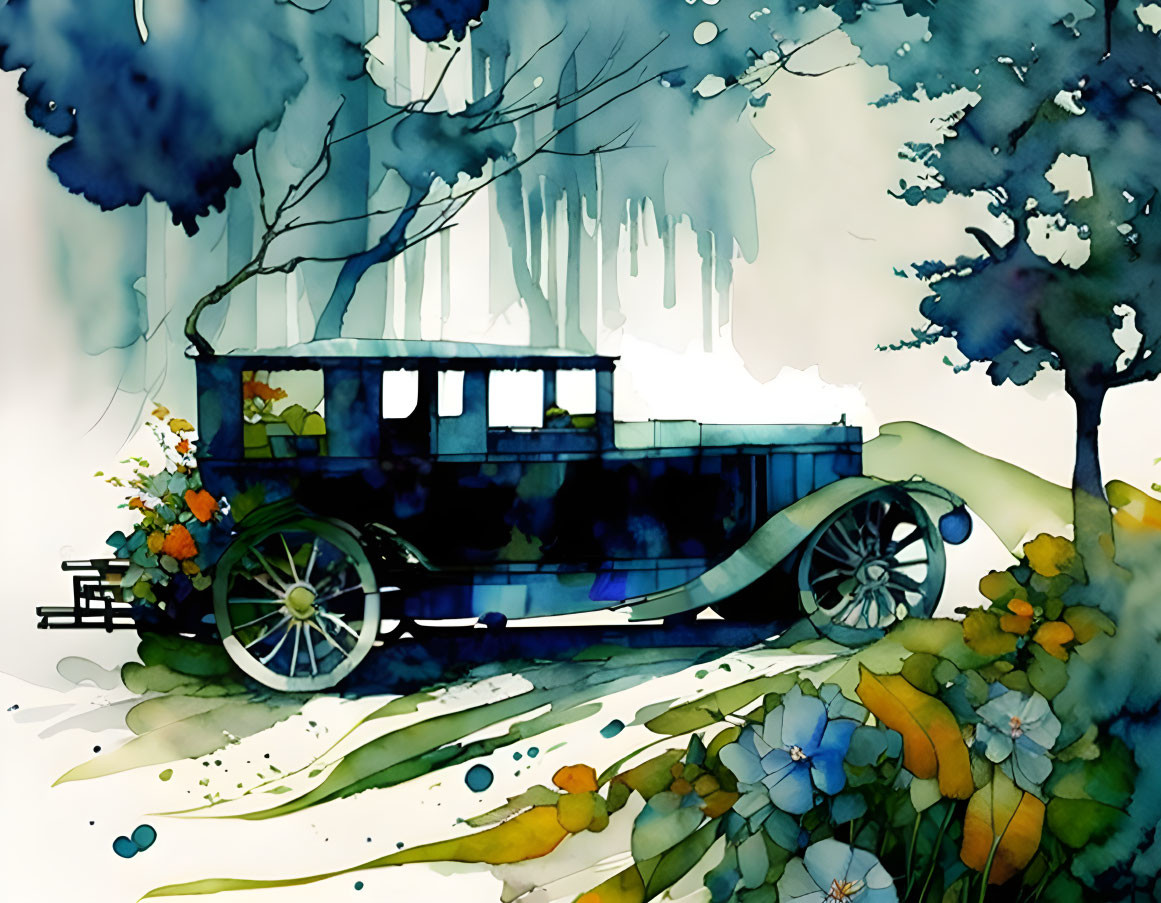 Vintage Car Watercolor Illustration with Abstract Colors and Nature Elements