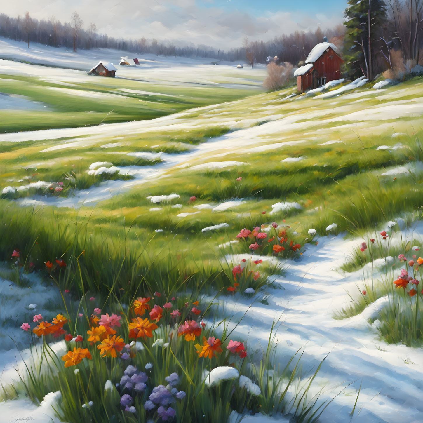 Snowy landscape transforms to spring with colorful flowers, red barn, distant homes, melting snow, and