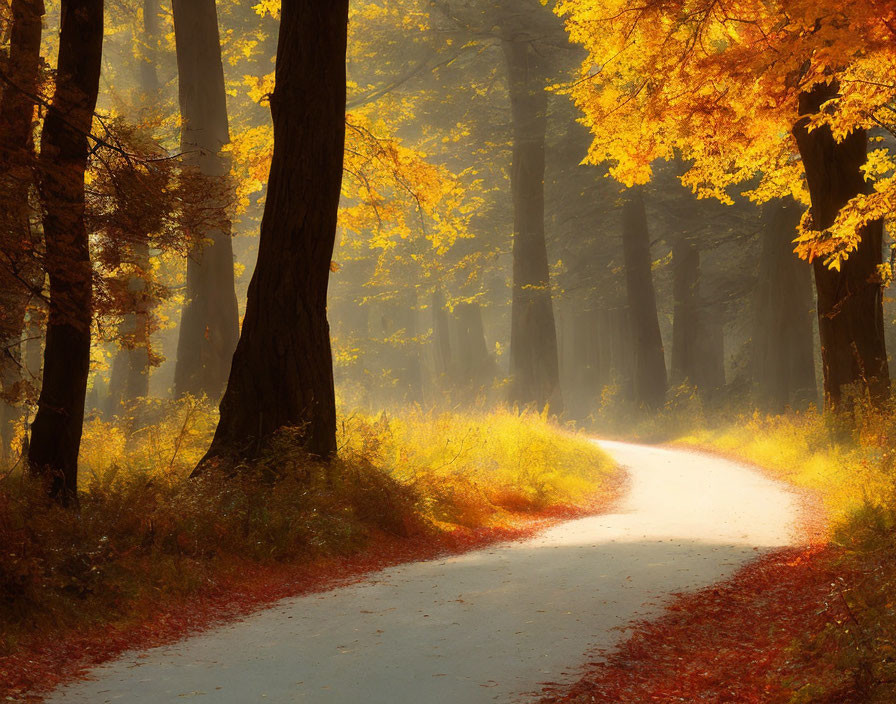 Golden autumn sunbeams on winding forest path