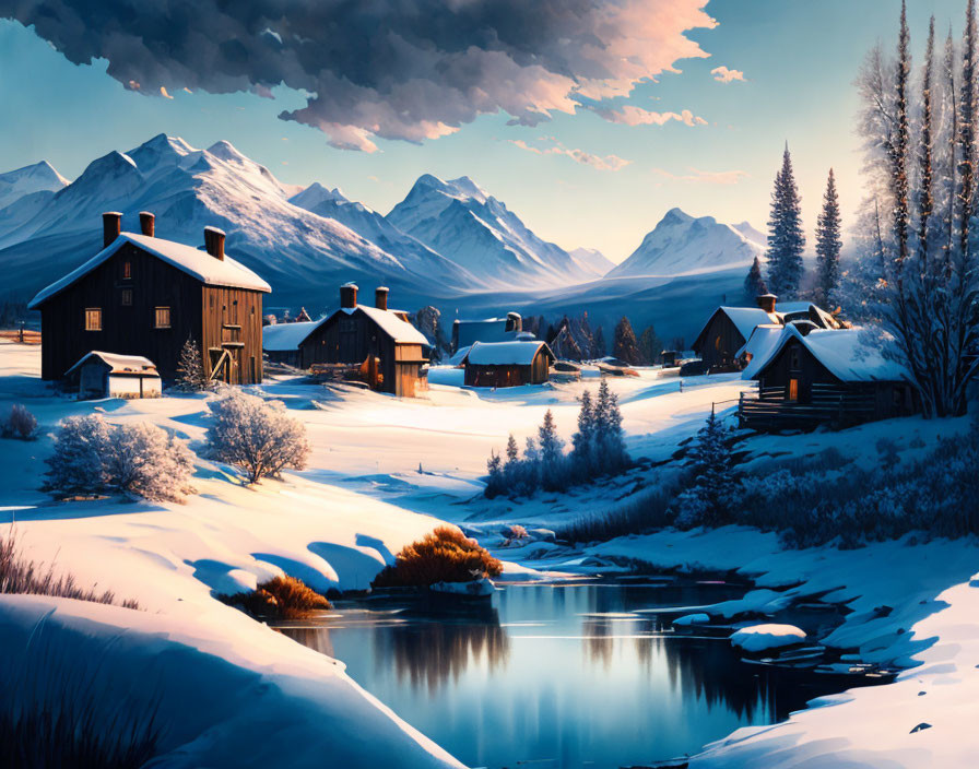 Snow-covered cabins, frozen river, pine trees, mountains in serene winter landscape