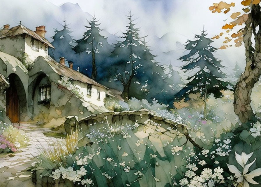 Quaint cottage with arched doorway in watercolor art