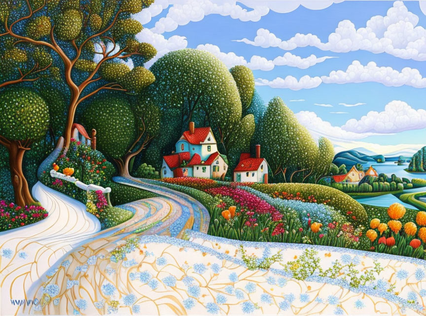 Colorful pastoral landscape with blooming flowers, rolling hills, whimsical trees, and charming houses.