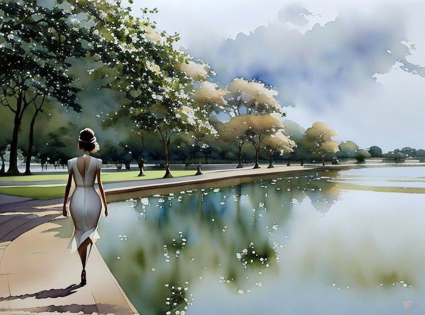 Woman in white dress near blooming trees by tranquil lake