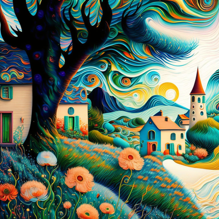 Colorful landscape with swirling skies, tree, houses, castle, and sunflowers.