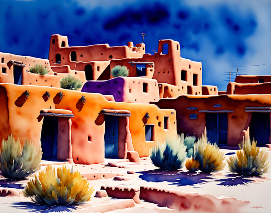 Traditional adobe pueblo watercolor painting with desert landscape