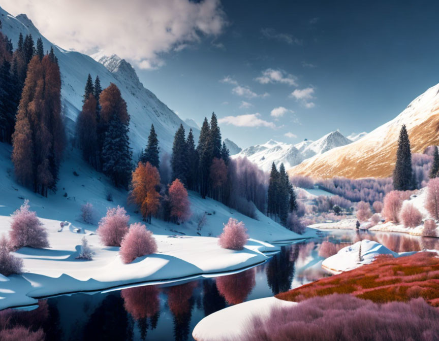 Snow-covered riverbank and pink trees in serene winter landscape