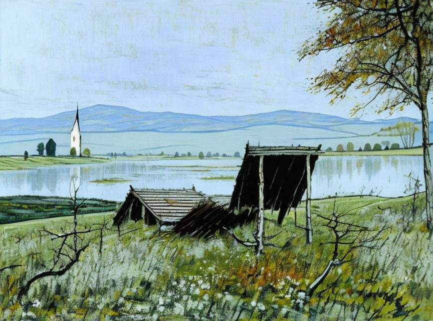 Tranquil landscape painting: church by lake, wooden shed, bare trees, rolling hills under soft