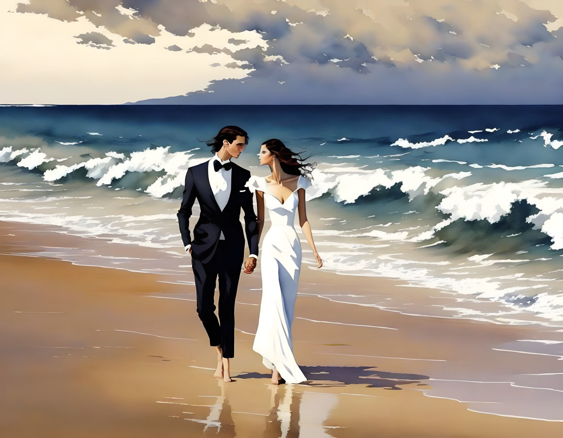 Stylized illustration of couple in formal attire on beach